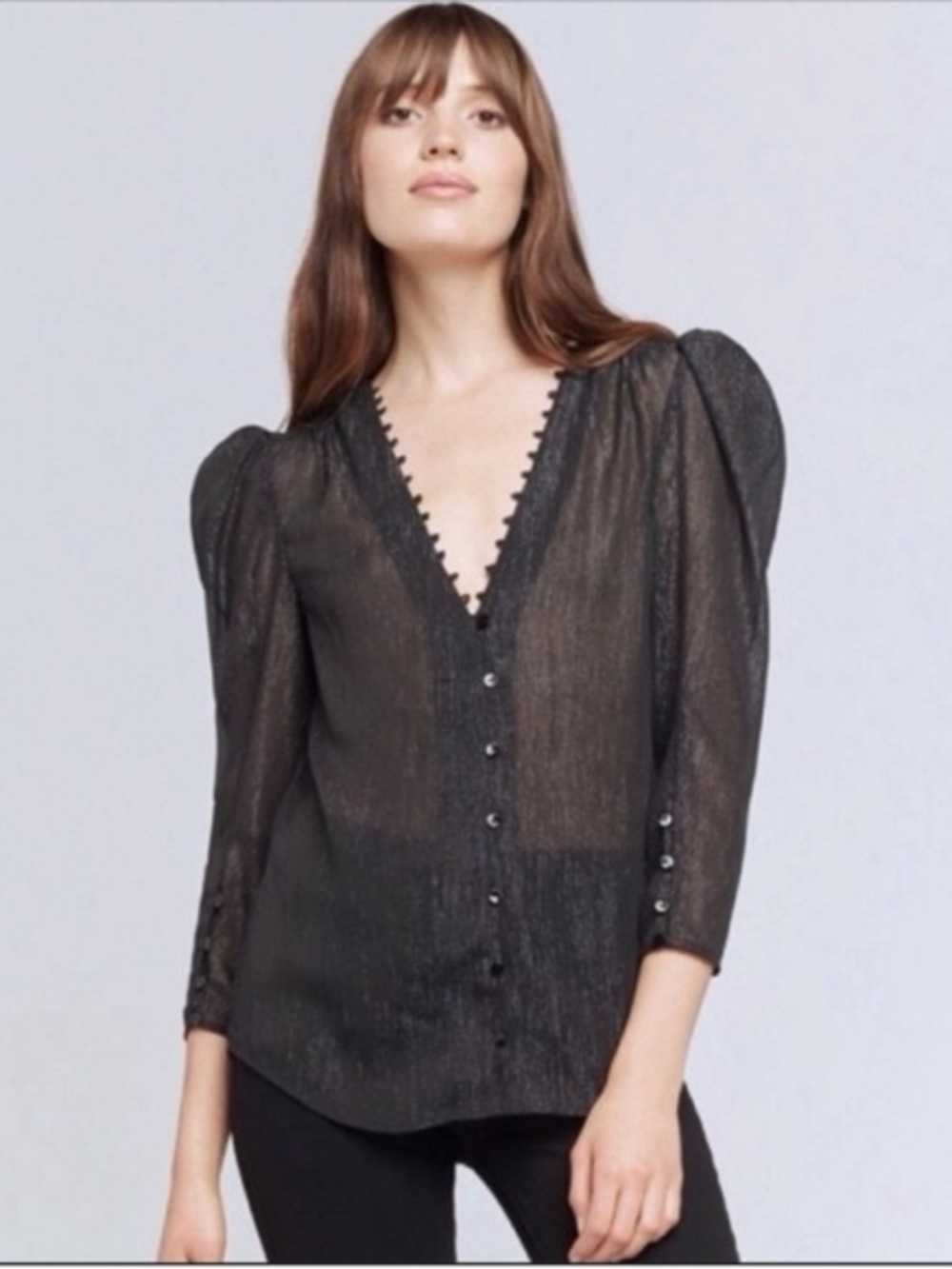 L'AGENCE Black Sheer V-Neck Puff Sleeve Blouse with Scalloped Trim